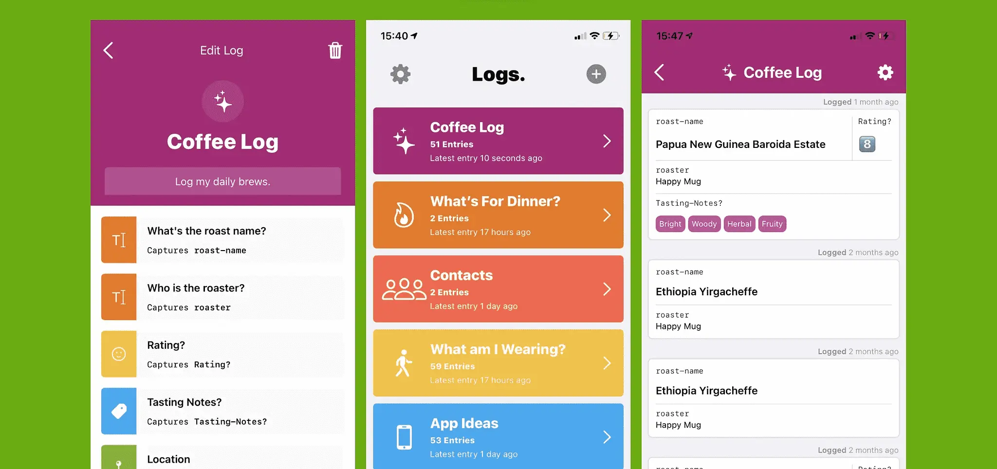 Logger app screens on iPhone